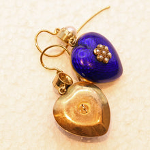Antique Victorian earrings gold blue enamel pearls hearts English love (7524)