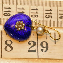 Antique Victorian earrings gold blue enamel pearls hearts English love on ruler