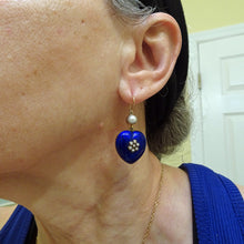 Antique Victorian earrings gold blue enamel pearls hearts English love (7524)