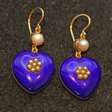 Antique Victorian earrings gold blue enamel pearls hearts English love (7524)