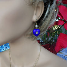 Antique Victorian earrings gold blue enamel pearls hearts English love (7524)