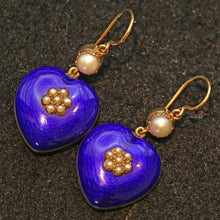Antique Victorian earrings gold blue enamel pearls hearts English love (7524)