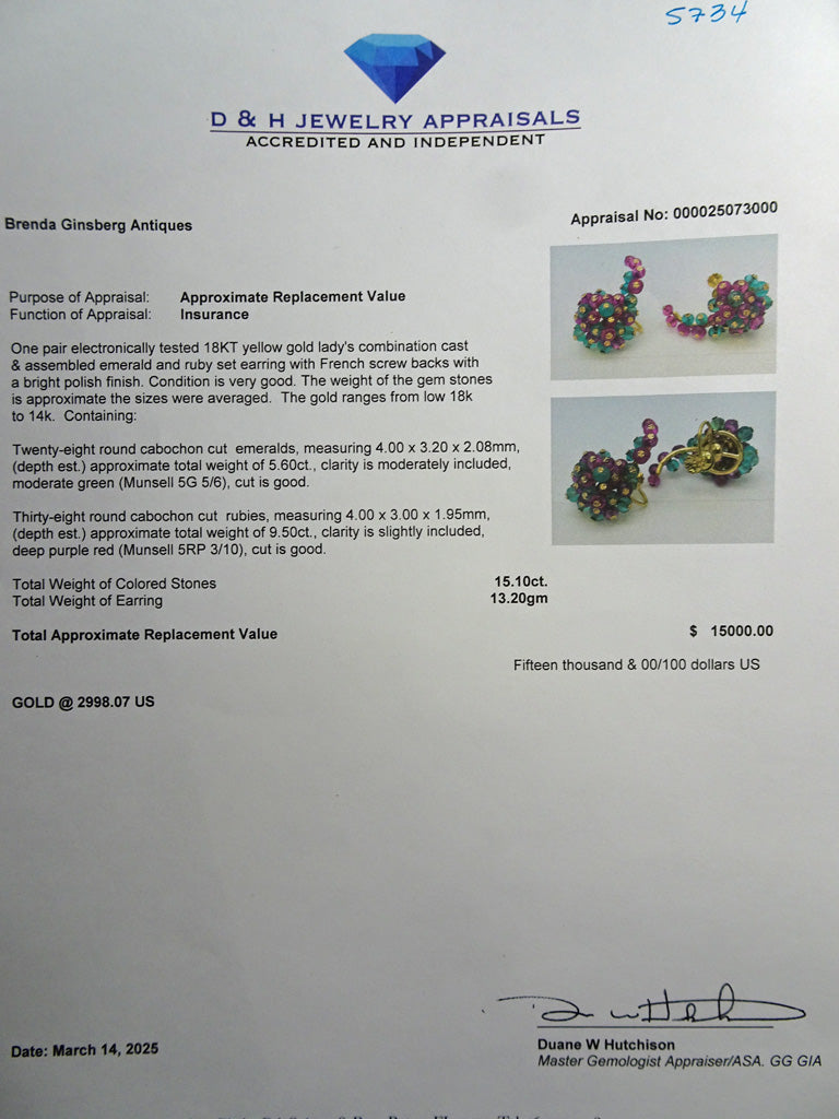 Vintage French earrings 18k gold emeralds rubies climber earrings beads (7534)