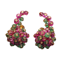 Vintage French earrings 18k gold emeralds rubies climber earrings beads (7534)