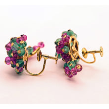 Vintage French earrings 18k gold emeralds rubies climber earrings beads (7534)