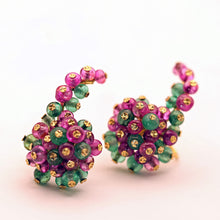 Vintage French earrings 18k gold emeralds rubies climber earrings beads (7534)