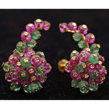Vintage French earrings 18k gold emeralds rubies climber earrings beads (7534)