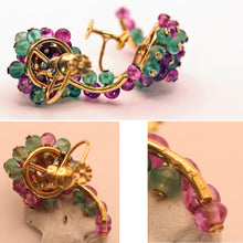 Vintage French earrings 18k gold emeralds rubies climber earrings beads (7534)