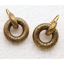 Antique Victorian earrings gold hoops engraved floral double hoop earrings(7537)