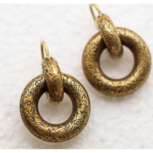 Antique Victorian earrings gold hoops engraved floral double hoop earrings(7537)