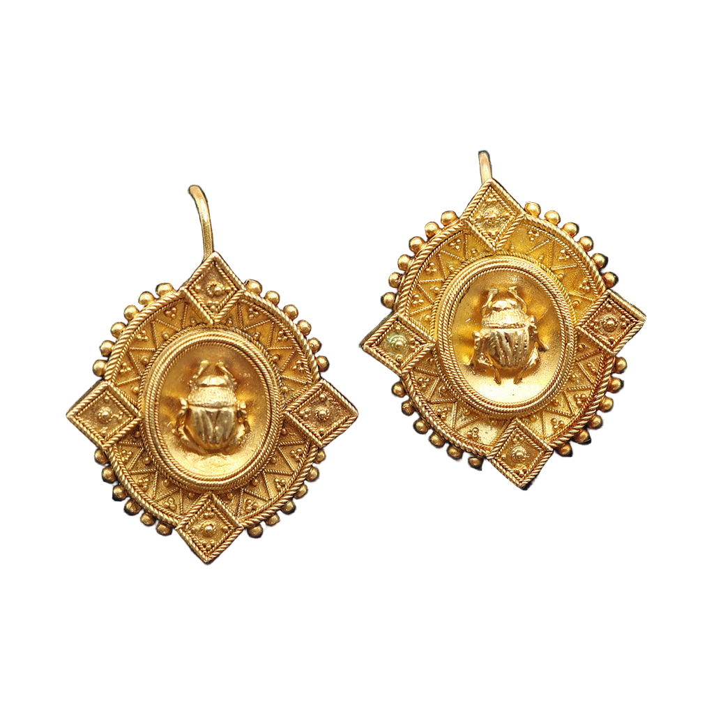Antique Victorian Earrings Etruscan Revival gold beetle scarab (7538)