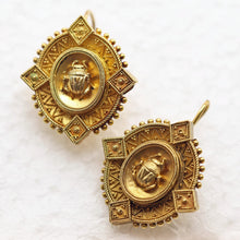 Antique Victorian Earrings Etruscan Revival gold beetle scarab (7538)
