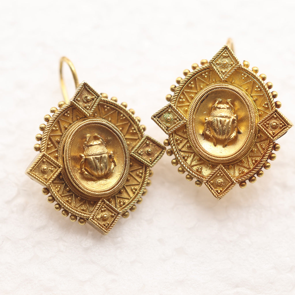 Antique Victorian Earrings Etruscan Revival gold beetle scarab (7538)