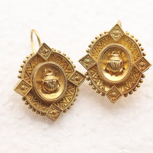Antique Victorian Earrings Etruscan Revival gold beetle scarab (7538)