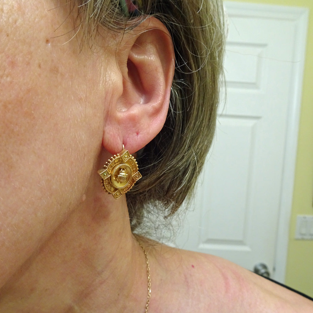 Antique Victorian Earrings Etruscan Revival gold beetle scarab (7538)