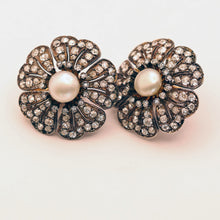 Antique French Earrings Ear clips diamonds pearls gold silver big flowers (7541)