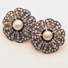 Antique French Earrings Ear clips diamonds pearls gold silver big flowers (7541)