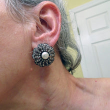 Antique French Earrings Ear clips diamonds pearls gold silver big flowers (7541)