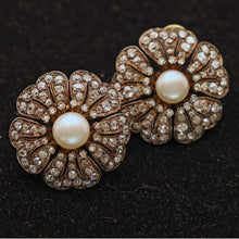 Antique French Earrings Ear clips diamonds pearls gold silver big flowers (7541)