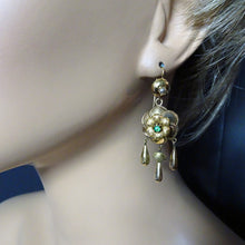 Antique Victorian earrings dangles gold pearls paste French flowers (7553)