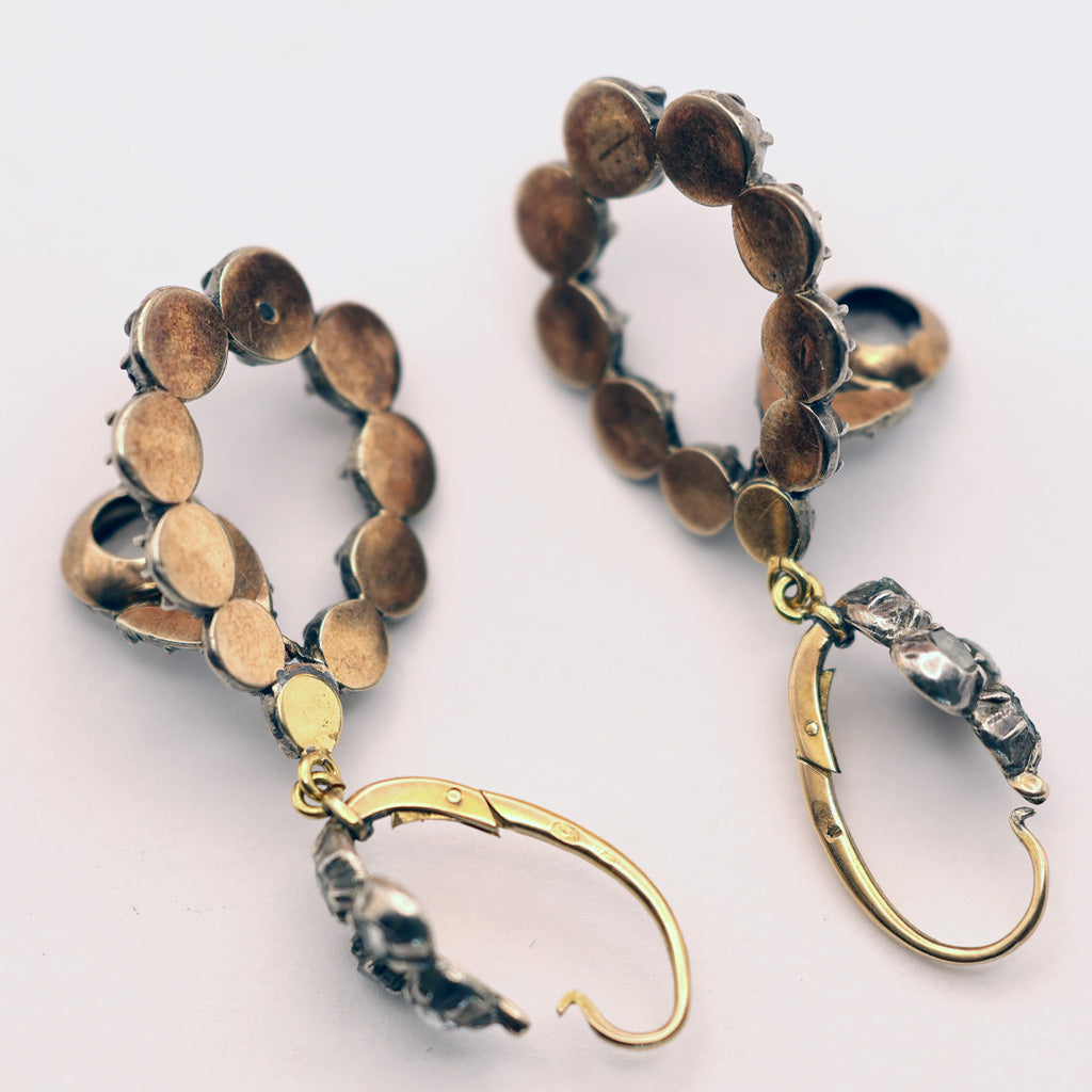 Antique Georgian earrings silver gold diamonds dangles circa 1780 French (7561)