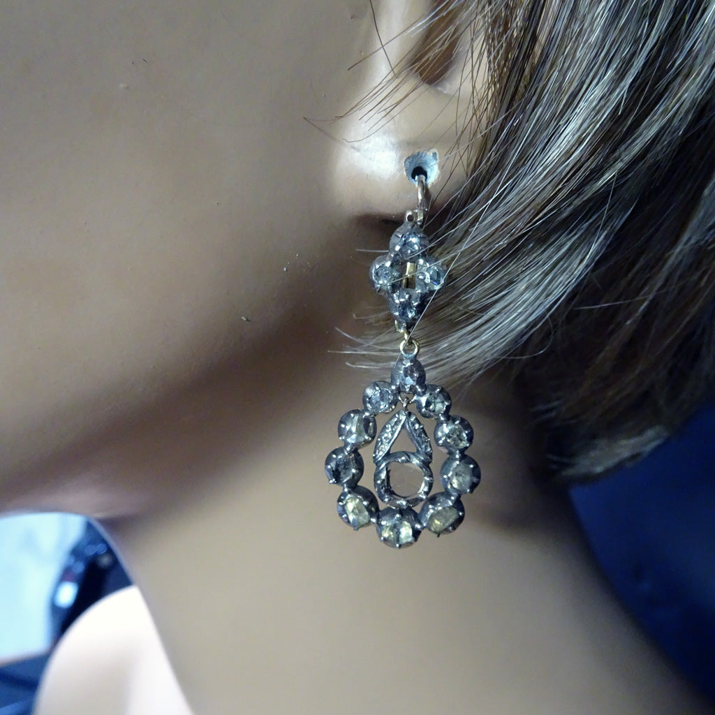 Antique Georgian earrings silver gold diamonds dangles circa 1780 French (7561)