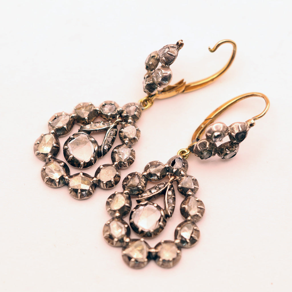 Antique Georgian earrings silver gold diamonds dangles circa 1780 French (7561)