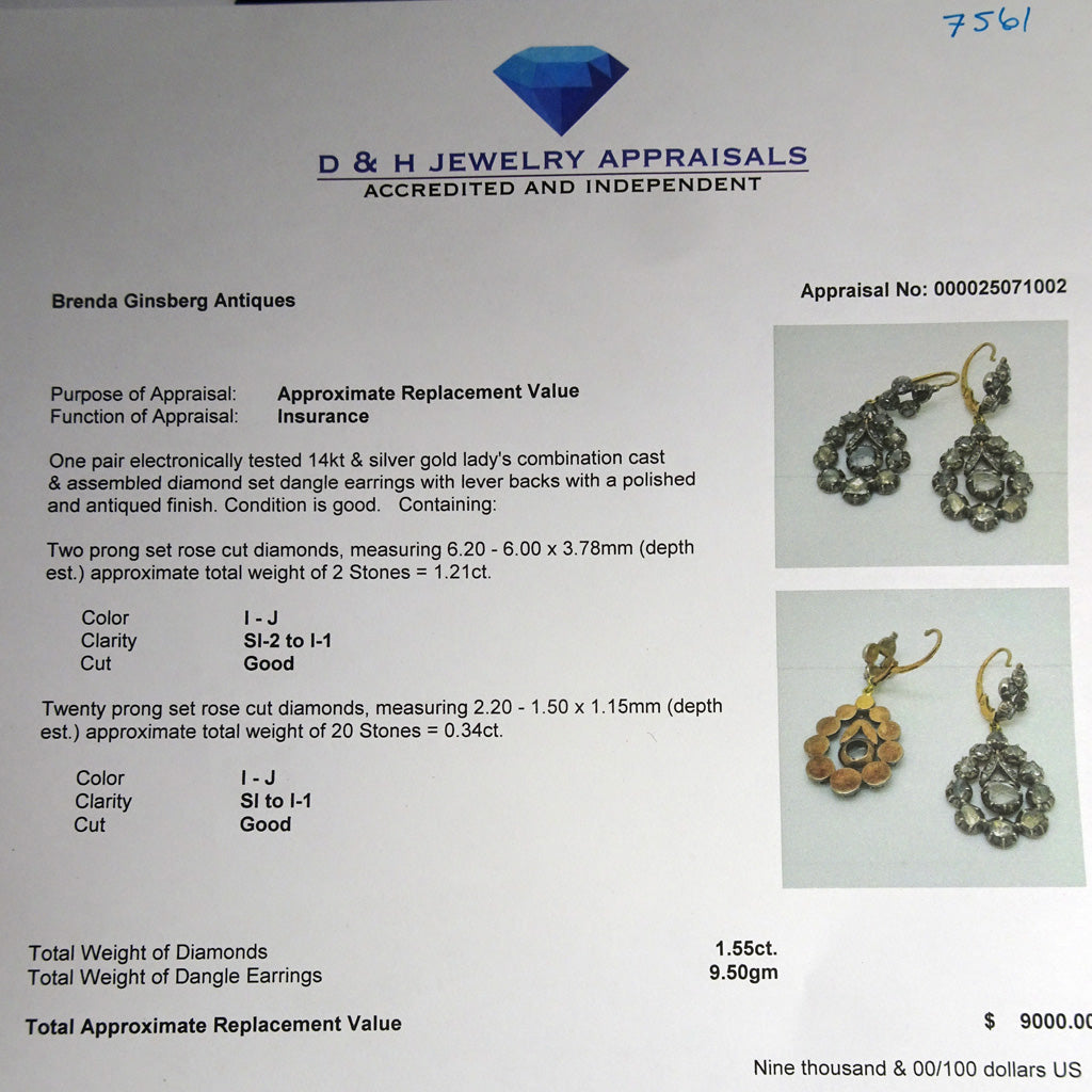 Antique Georgian earrings silver gold diamonds dangles circa 1780 French (7561)