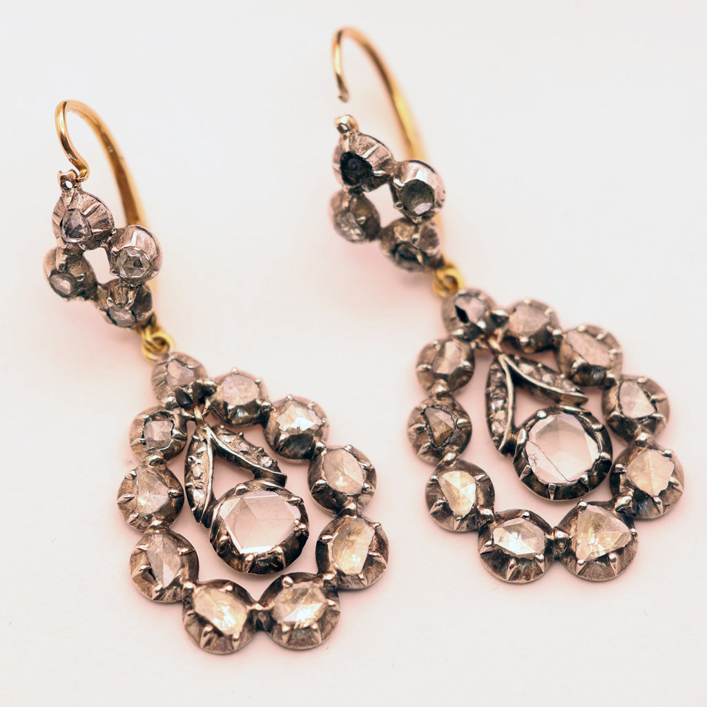 Antique Georgian earrings silver gold diamonds dangles circa 1780 French (7561)