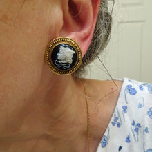 Antique Etruscan Revival earrings gold hardstone cameos snakes Hermes gods(7571)