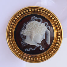 Antique Etruscan Revival earrings gold hardstone cameos snakes Hermes gods(7571)