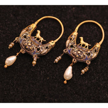 Antique Georgian boat earrings gold enamel pearls dogs Sicilian navicella (7575)