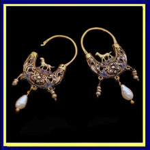 Antique Georgian boat earrings gold enamel pearls dogs Sicilian navicella (7575)