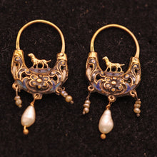 Antique Georgian boat earrings gold enamel pearls dogs Sicilian navicella (7575)