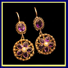 Antique Georgian earrings Gold cannetille amethysts pearls pendant earrings