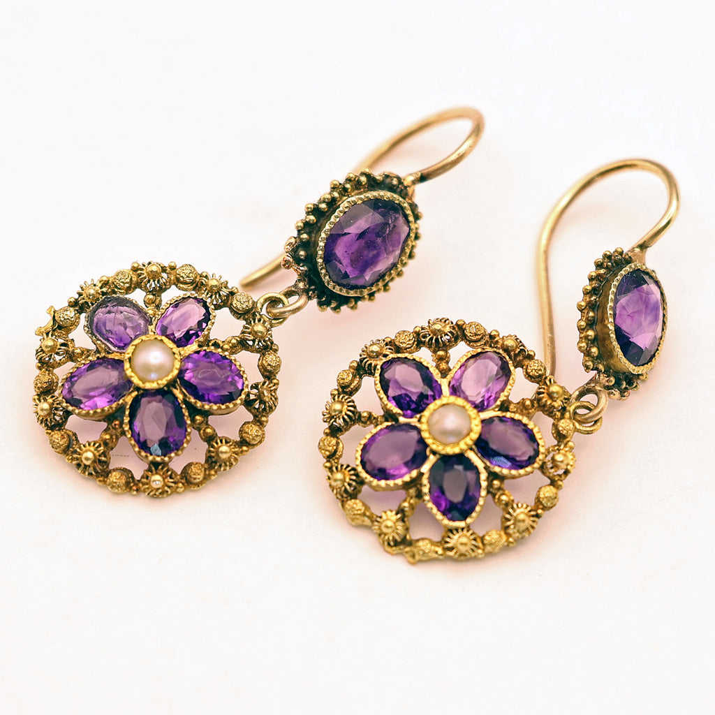 Antique Georgian earrings Gold cannetille amethysts pearls pendant earrings(7585)