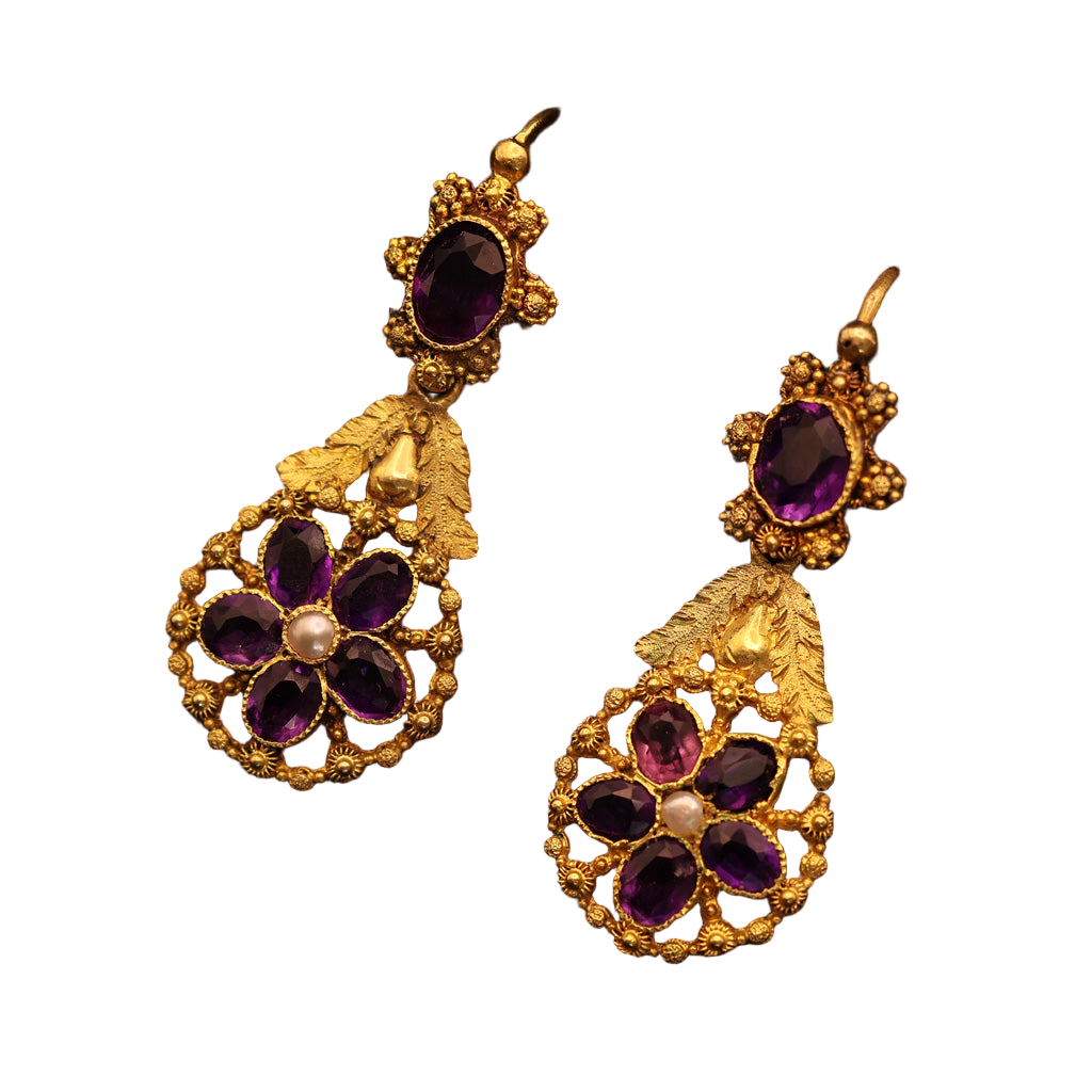 Antique Georgian Day Night earrings 18k gold cannetille amethysts French (7586)