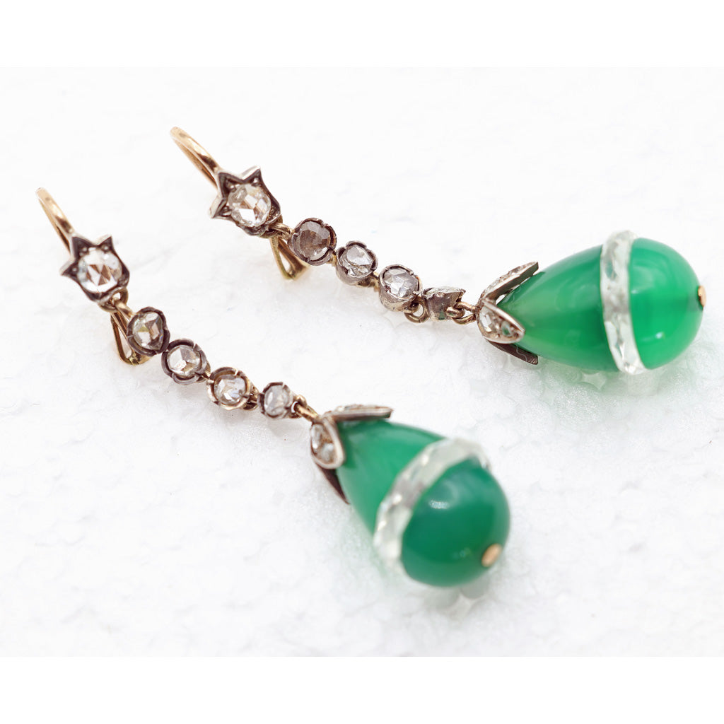 Art Deco earrings ear dangles diamonds green chrysoprase rock crystal gold