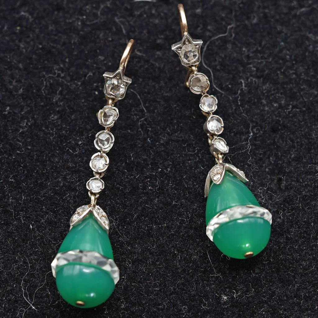 Art Deco earrings ear dangles diamonds green chrysoprase rock crystal gold (7602)