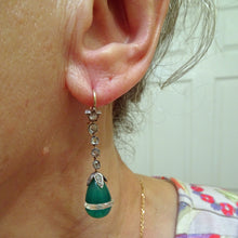 Art Deco earrings ear dangles diamonds green chrysoprase rock crystal gold (7602)