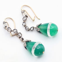 Art Deco earrings ear dangles diamonds green chrysoprase rock crystal gold (7602)