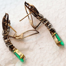 Vintage earrings ear pendants gold diamonds emeralds Dangle earrings c1950 (7603)