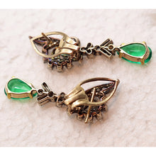 Vintage earrings ear pendants gold diamonds emeralds Dangle earrings c1950 (7603)