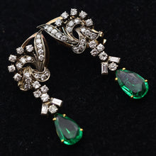 Vintage earrings ear pendants gold diamonds emeralds Dangle earrings c1950 (7603)