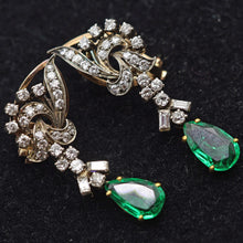 Vintage earrings ear pendants gold diamonds emeralds Dangle earrings c1950 (7603)