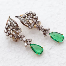 Vintage earrings ear pendants gold diamonds emeralds Dangle earrings c1950 (7603)