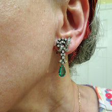 Vintage earrings ear pendants gold diamonds emeralds Dangle earrings c1950 (7603)