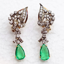 Vintage earrings ear pendants gold diamonds emeralds Dangle earrings c1950 (7603)