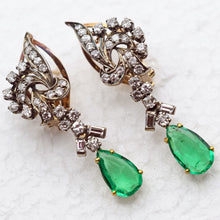 Vintage earrings ear pendants gold diamonds emeralds Dangle earrings c1950 (7603)