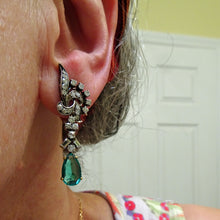 Vintage earrings ear pendants gold diamonds emeralds Dangle earrings c1950 (7603)